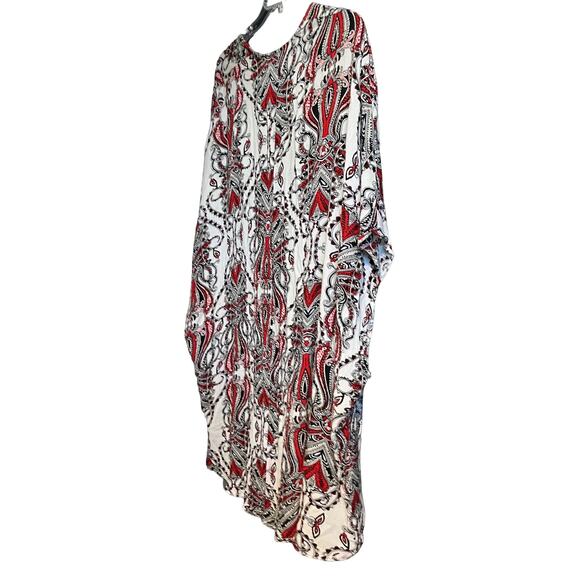 VIZIO USA OPEN FRONT COVER-UP, WOMENS, M, WHITE RED BLACK PAISLEY, LACE FRINGE - Picture 5 of 8